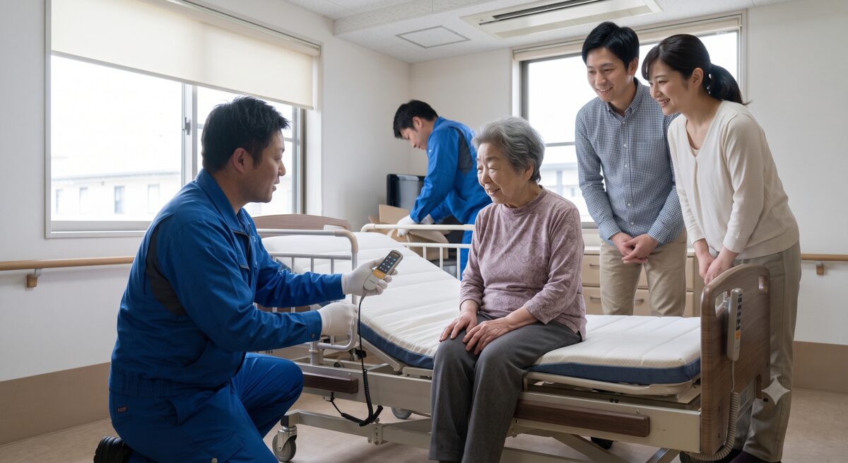 設置完了した介護ベッドの使い方をご利用者様・ご家族様に説明するスタッフ