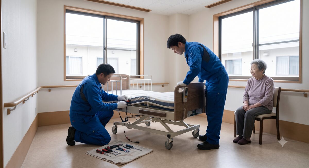 介護施設の居室で介護ベッドを組立設置するスタッフ