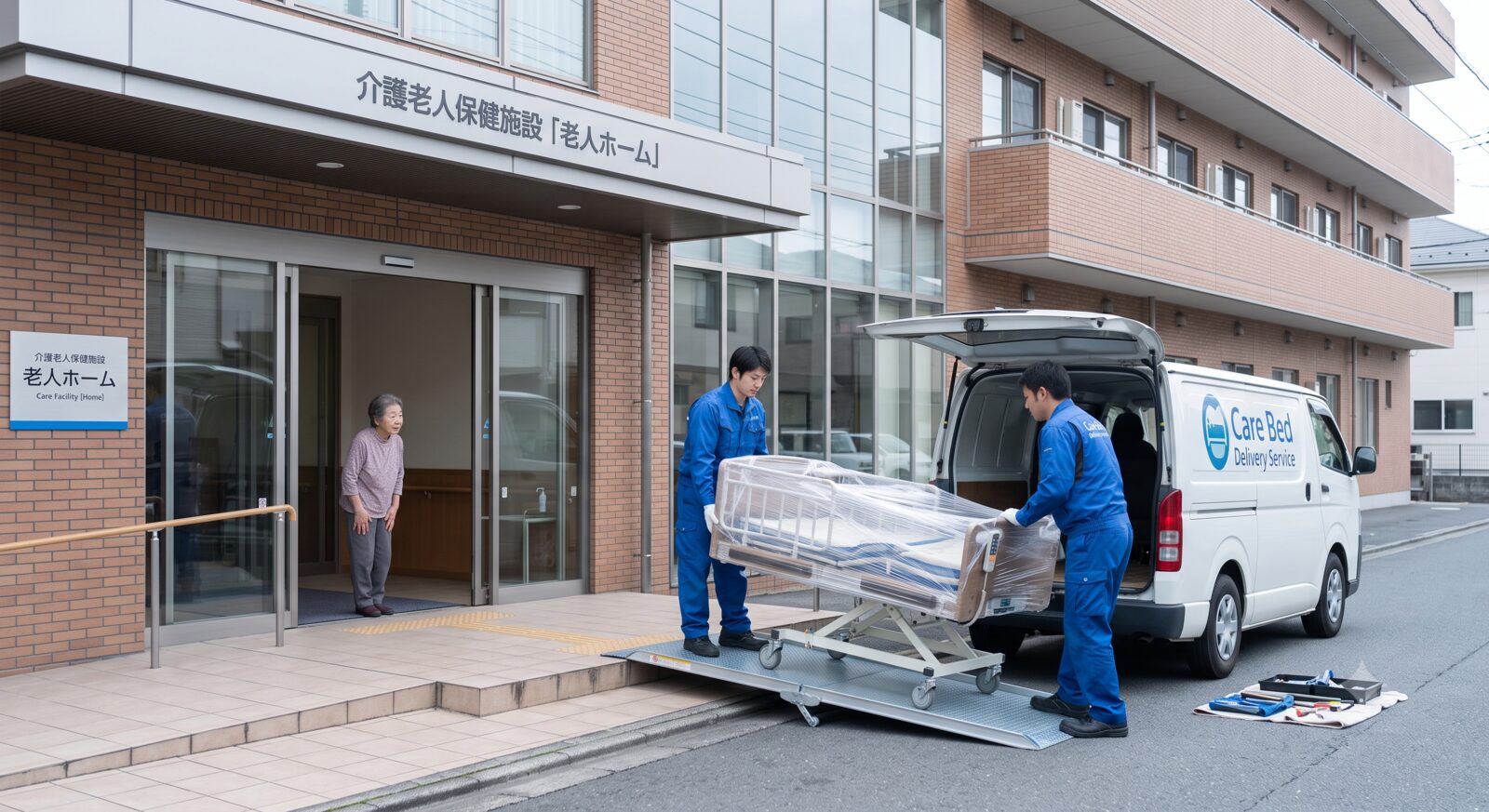 介護老人保健施設へ介護ベッドを配送するRe介護事業部のスタッフ